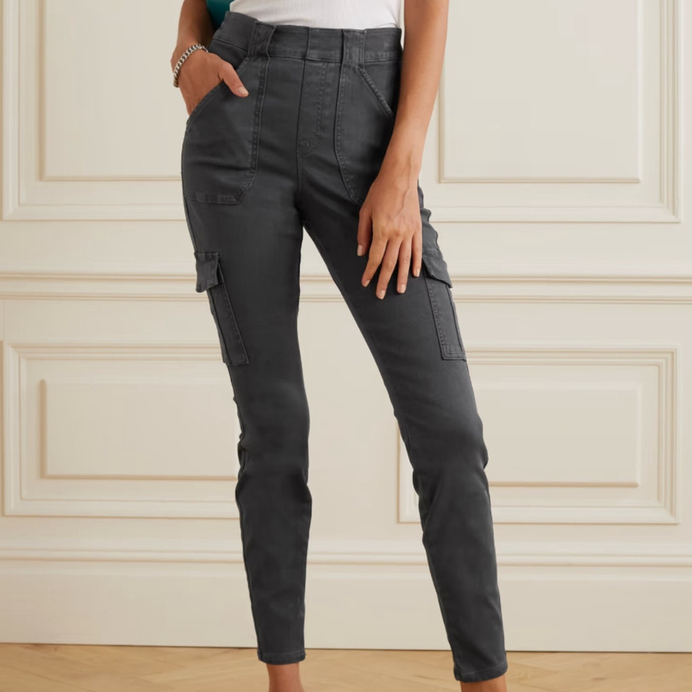Spanx Twill Tapered Cargo Pants Small Pull On Gray Ankle Stretch Shaping Utility